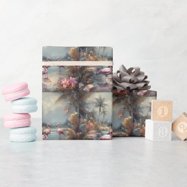 beautiful vintage botanical painting flamingos wrapping paper (Baby Shower)