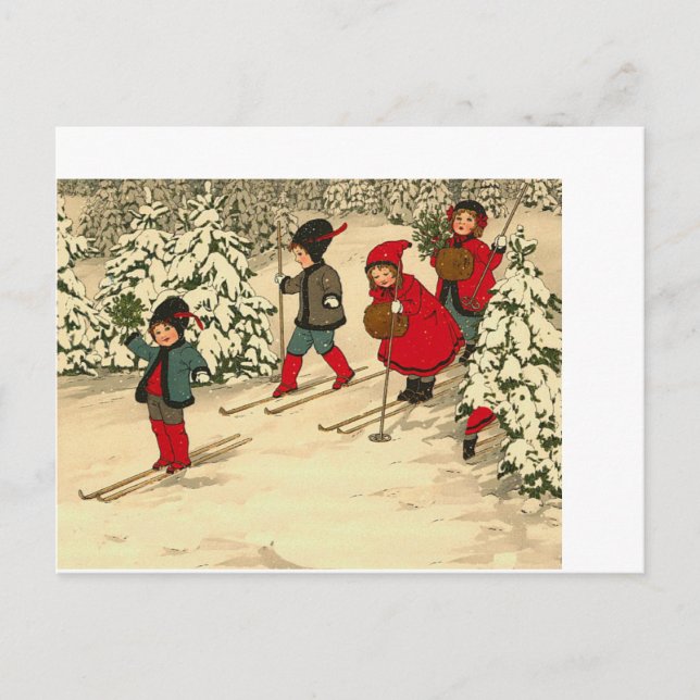 Beautiful Vintage Christmas children ski snow Postcard (Front)