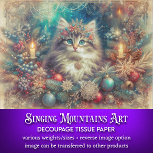 Beautiful Vintage Christmas Decor Cat Decoupage Tissue Paper