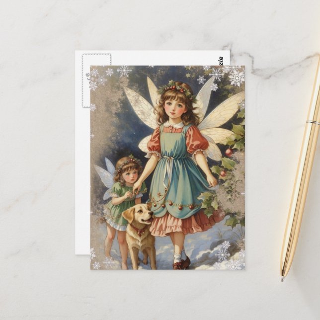 Beautiful Vintage Christmas Fairies and a Dog Postcard (Front/Back In Situ)