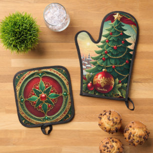Beautiful Vintage Christmas Tree Oven Mitt & Pot Holder Set
