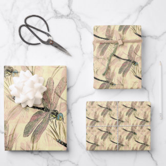 Beautiful Vintage Dragonfly Pattern Flat Wrapping Paper Sheet