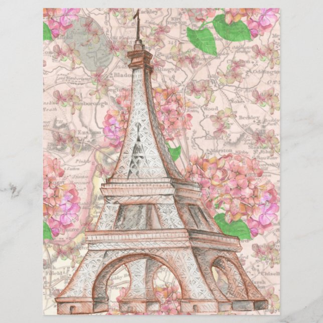Beautiful vintage Eiffel tower Paris floral page (Front)