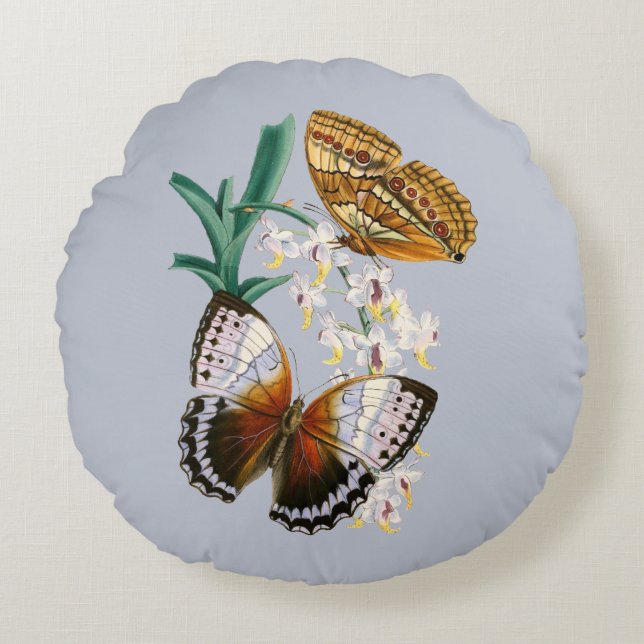 Beautiful Vintage Floral Butterfly Illustration Round Cushion (Front)
