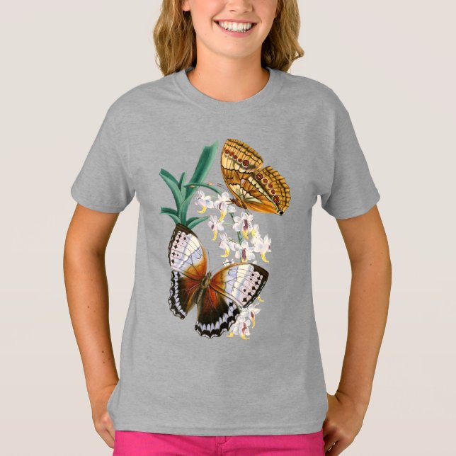 Beautiful Vintage Floral Butterfly Illustration T-Shirt (Front)