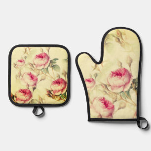 Beautiful Vintage Floral Oven Mitt & Pot Holder Set