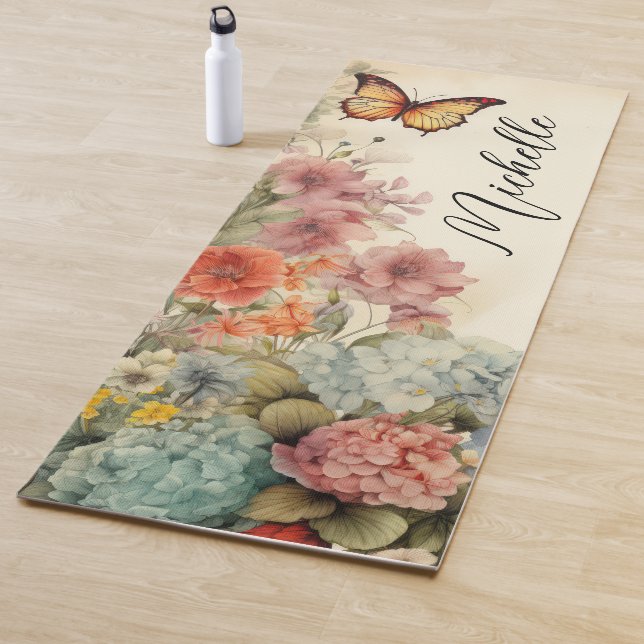 Beautiful Vintage Flowers and Butterfly Yoga Mat (In Situ)