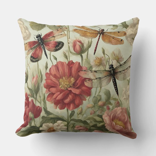 Beautiful Vintage Flowers and Dragonflies  Cushion (Front)