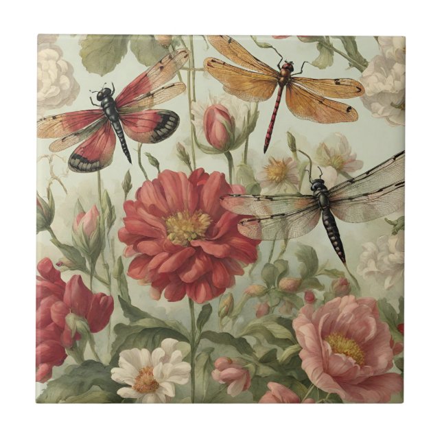 Beautiful Vintage Flowers and Dragonflies  Tile (Front)