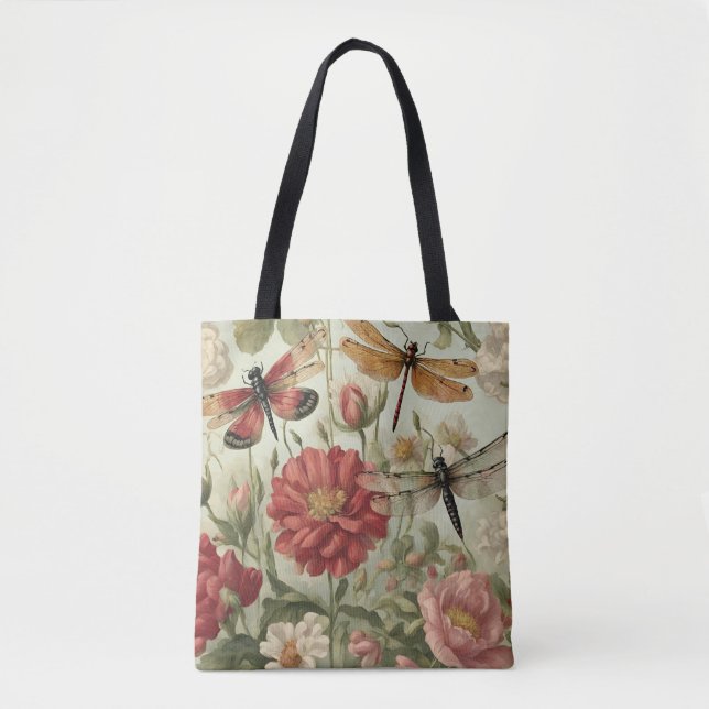Beautiful Vintage Flowers and Dragonflies  Tote Bag (Front)