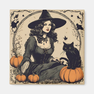 Beautiful Vintage Halloween Witch with Black Cat Magnet