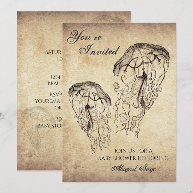 Beautiful Vintage Jellyfish Beach Baby Shower Invitation (Front/Back)