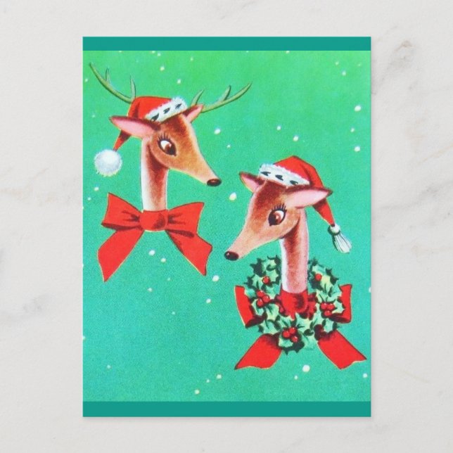 Beautiful Vintage Mid Century Reindeer Postcard (Front)