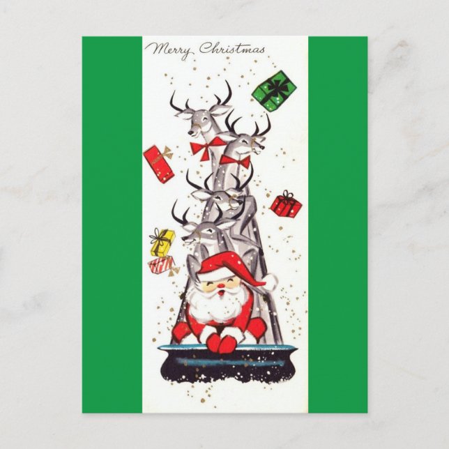 Beautiful Vintage Mid Century Santa & Reindeer Holiday Postcard (Front)
