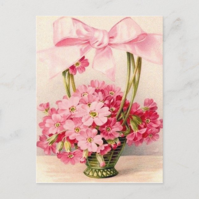 Beautiful Vintage Pink Flowers in Green Basket Postcard (Front)