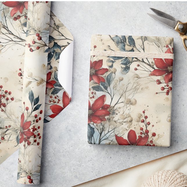 Beautiful Vintage Red Poinsettia Christmas  Wrapping Paper (Creator Uploaded)