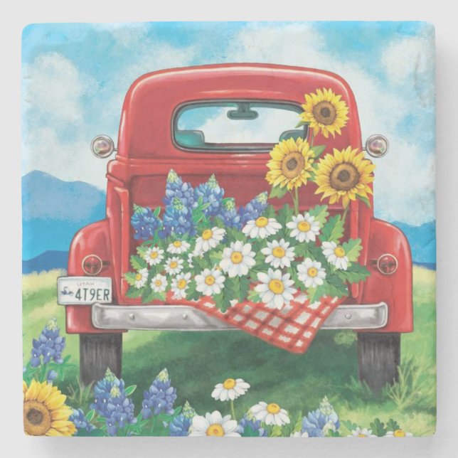Beautiful Vintage Red Truck Fine Art Stone Coaster (Front)