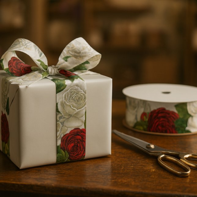 Beautiful Vintage Red & White Rose  Grosgrain Ribbon (A sophisticated white and red rose ribbon, ideal for both occasion gifts and crafting projects.)