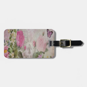Beautiful vintage roses butterfly fleur de lis luggage tag