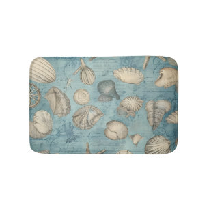 Beautiful Vintage Seashells In Blue Bath Mat