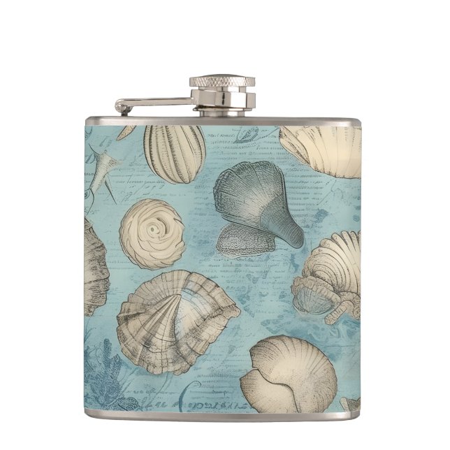 Beautiful Vintage Seashells In Blue Hip Flask (Front)