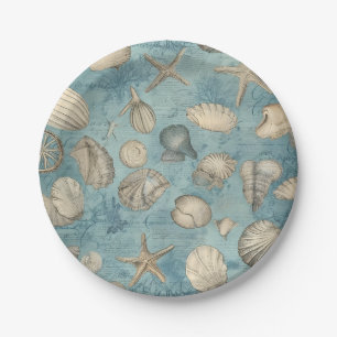 Beautiful Vintage Seashells In Blue Paper Plate