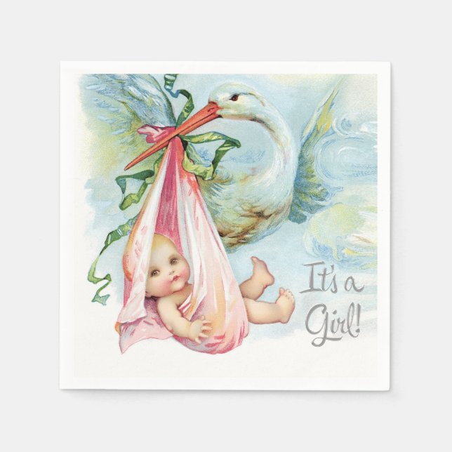 Beautiful Vintage Stork Baby Girl Shower Napkin (Front)