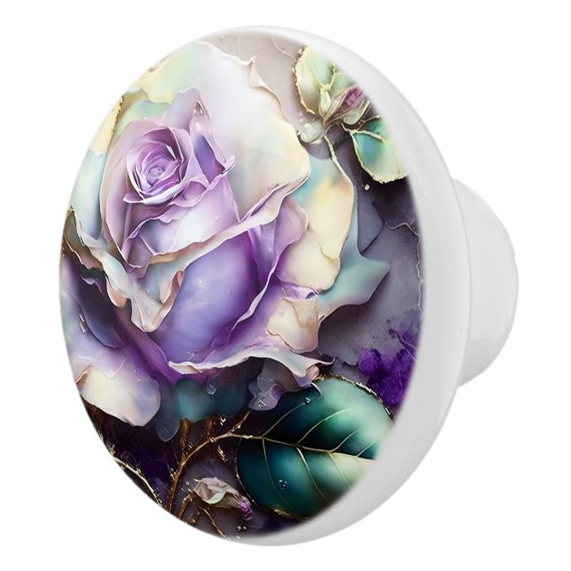 Beautiful Vintage Teal and Purple Roses Ceramic Knob (Right)