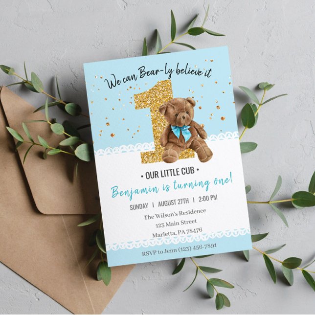 Beautiful Vintage Teddy Bear 1st Birthday Invitation (Creator Uploaded)