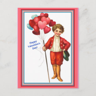 Beautiful Vintage Valentine Boy wi/ Heart Balloons Postcard