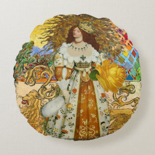Beautiful Vintage Woman Golden Sun Round Cushion