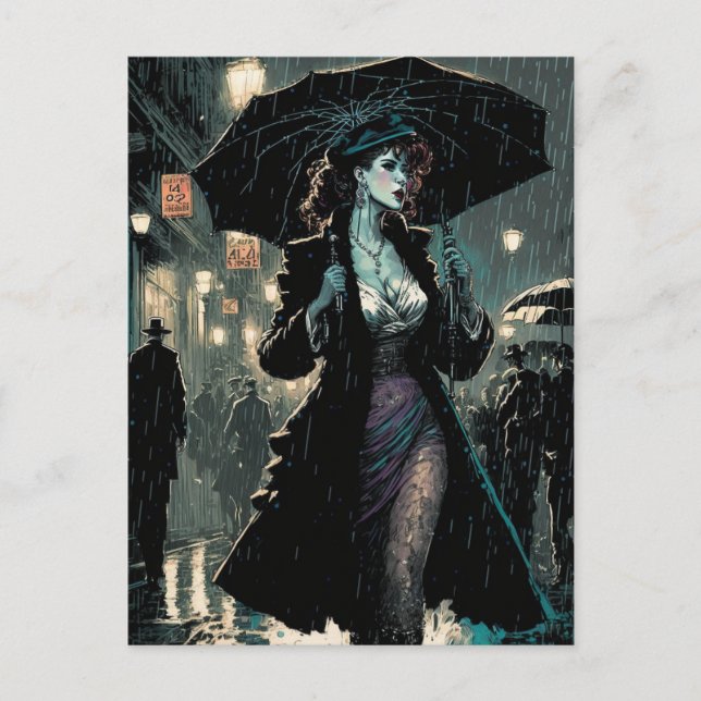 Beautiful Vintage Woman Walks in The Rain Postcard (Front)