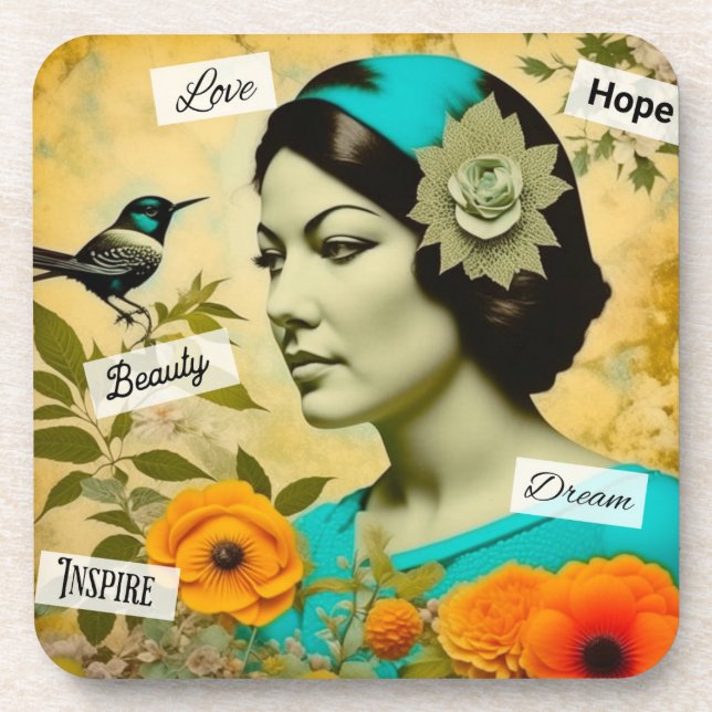 Beautiful Vintage Woman with Bird and Flowers Coaster (Front)