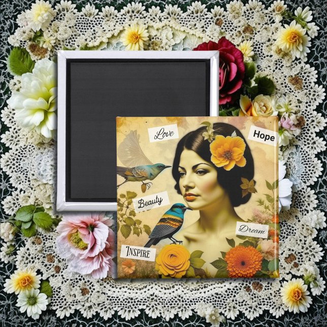 Beautiful Vintage Woman with Birds and Flowers Magnet (Creator Uploaded)