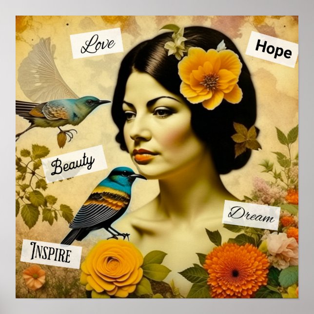 Beautiful Vintage Woman with Birds and Flowers Poster (Front)