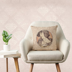 Beautiful Vintage Woman with Faux Pearls and Lace Cushion