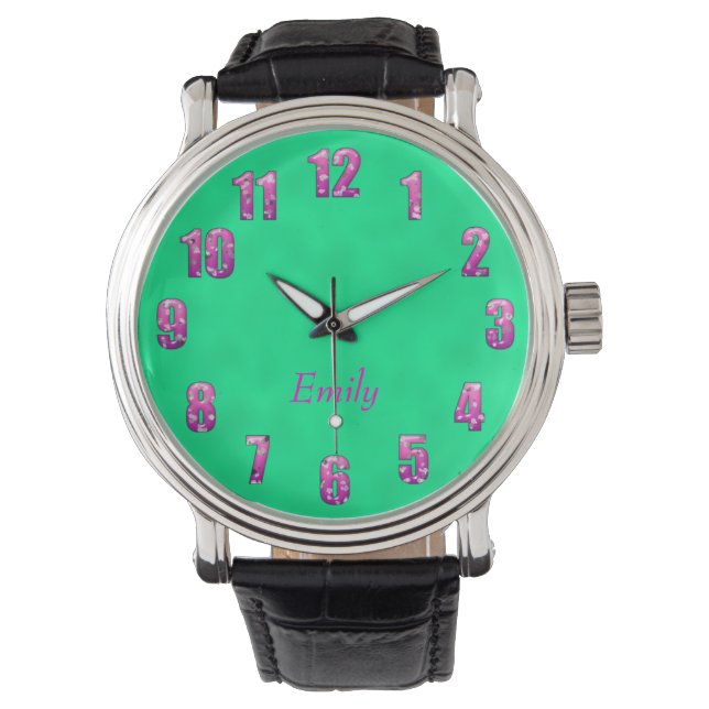 Beautiful watch with pink floral numbers and name (Front)
