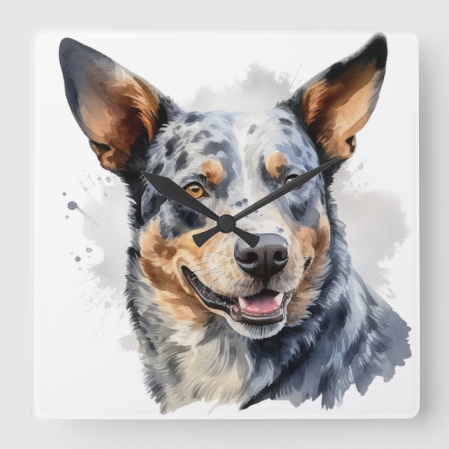 BEAUTIFUL WATERCOLOR AUSTRALIAN CATTLE DOG SQUARE WALL CLOCK (Front)