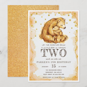 Beautiful Watercolor Bear Birthday 2nd Birthday Invitation