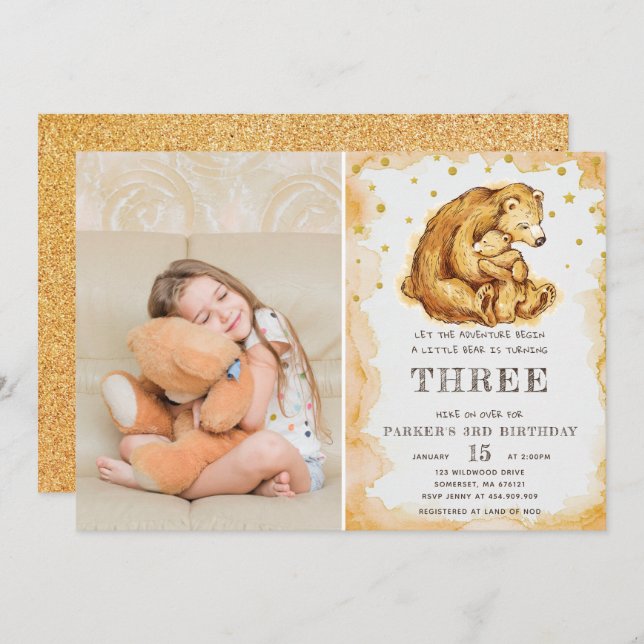 Beautiful Watercolor Bear Birthday Photo Invitation (Front/Back)