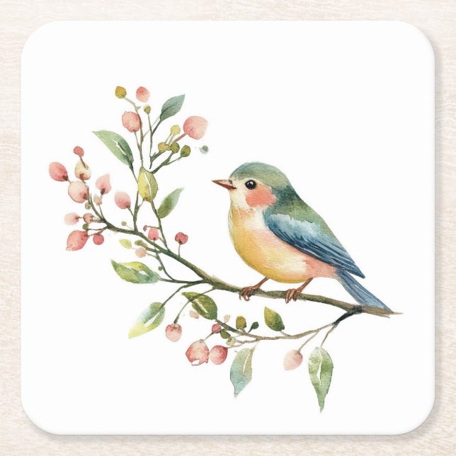 Beautiful Watercolor Bird Square Paper Coaster (Front)