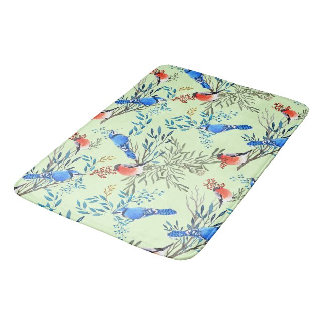 Beautiful Watercolor Birds and Foliage Pattern Bath Mat (Angled)