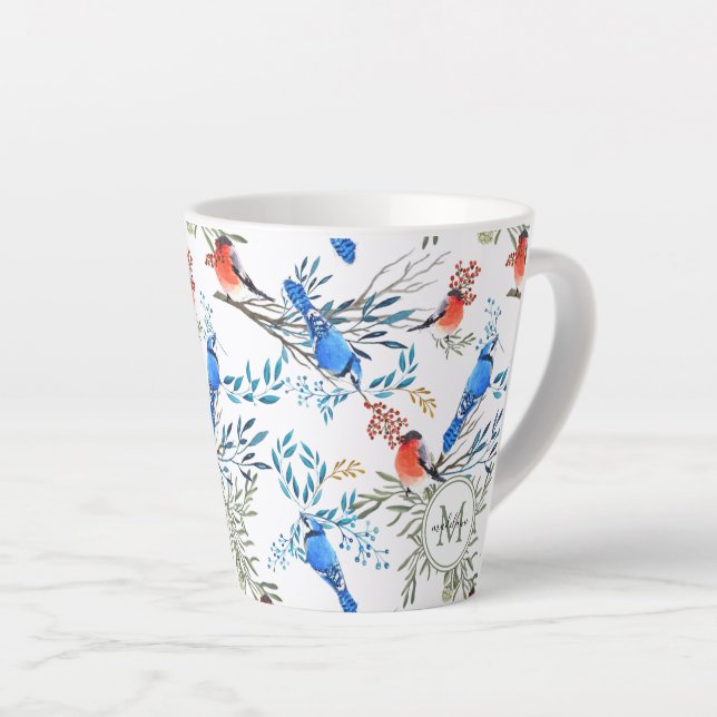 Beautiful Watercolor Birds and Foliage Pattern Latte Mug (Right Angle)