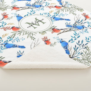 Beautiful Watercolor Birds and Foliage Pattern Sherpa Blanket