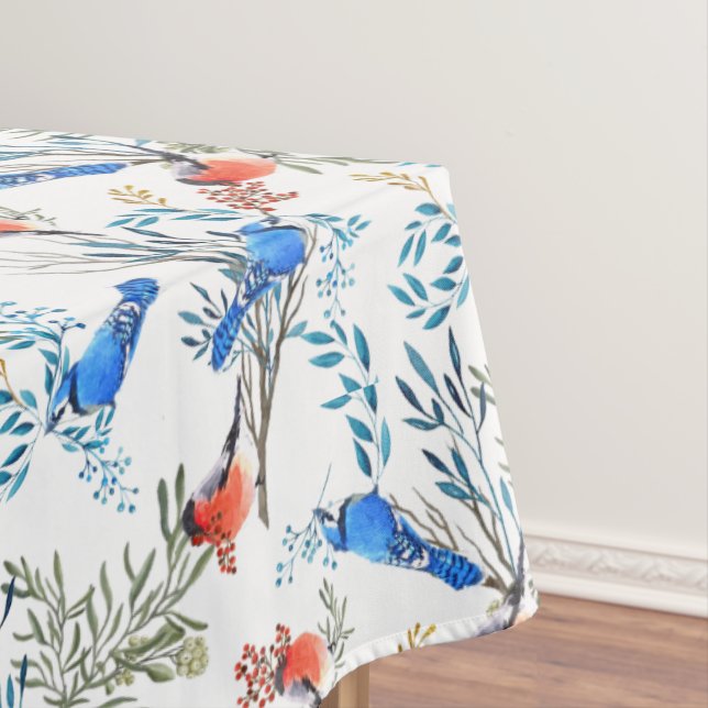Beautiful Watercolor Birds and Foliage Pattern Tablecloth (In Situ)
