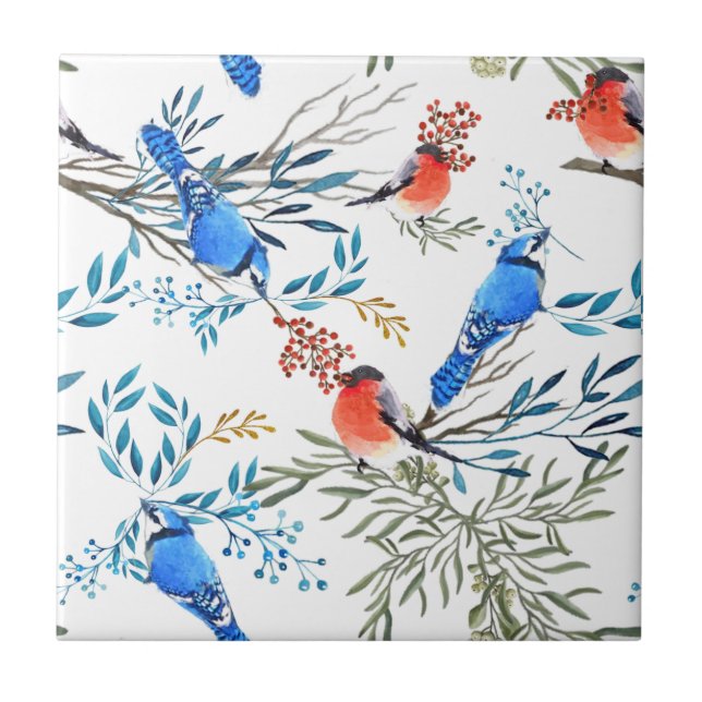 Beautiful Watercolor Birds and Foliage Pattern Tile (Front)