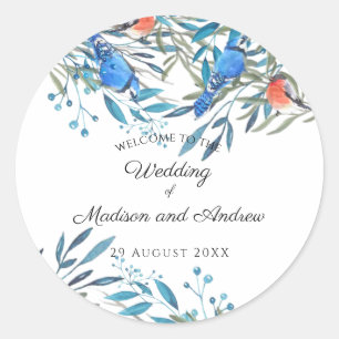 Beautiful Watercolor Birds and Foliage Wedding Classic Round Sticker