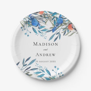 Beautiful Watercolor Birds and Foliage Wedding Paper Plate
