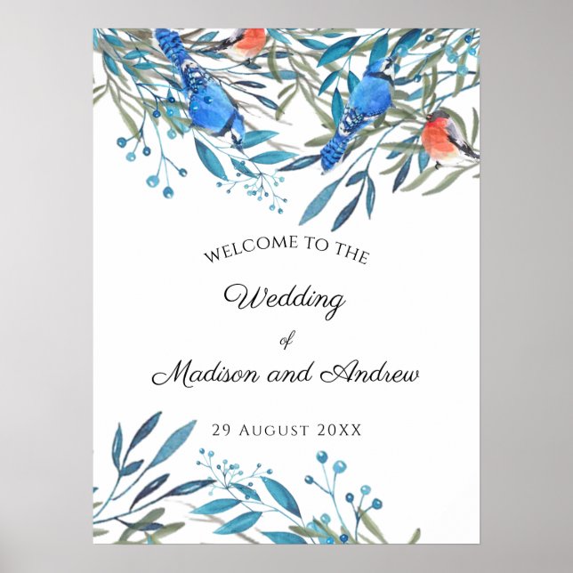 Beautiful Watercolor Birds and Foliage Wedding Poster (Front)