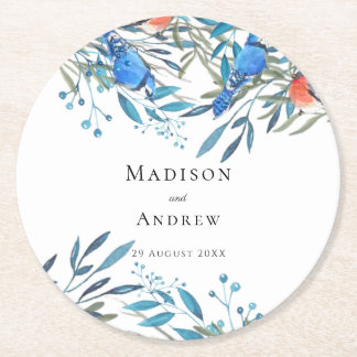Beautiful Watercolor Birds and Foliage Wedding Round Paper Coaster